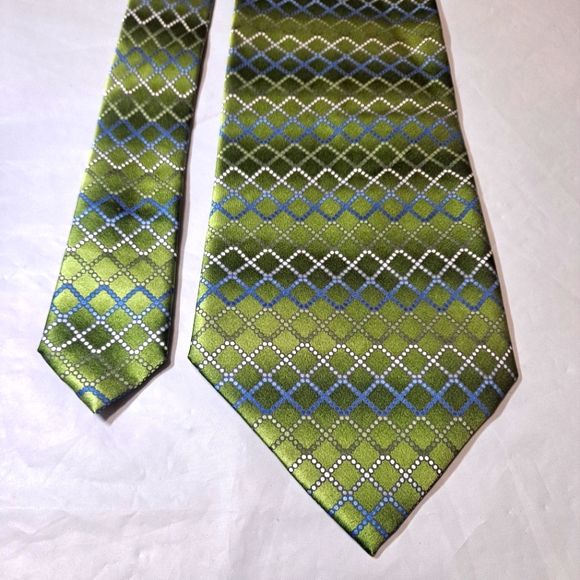 Meeting Street 💯 Silk Men's Necktie 60" x 4" Geometric Green/Silver Handmade - Picture 4 of 9